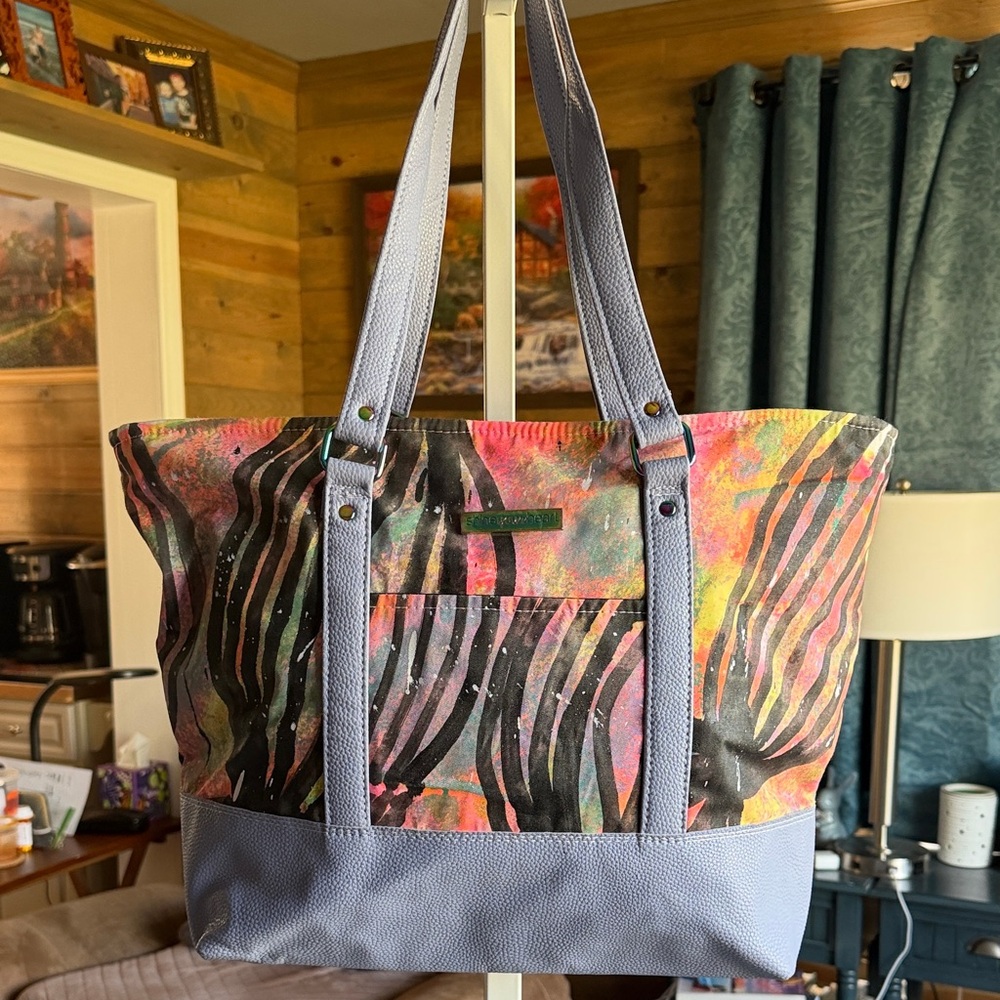 Stylish Multicolor Canvas Tote Bag with Lavender Trim